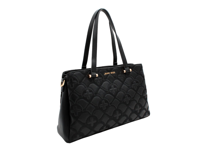 Bolso de hombro negro Jaime Ibiza con textura acolchada en relieve y detalles metálicos dorados.