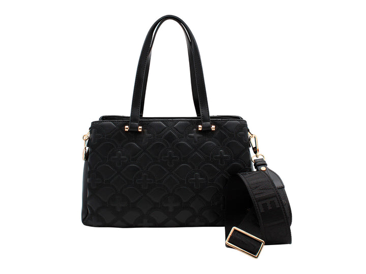 Bolso de hombro negro Jaime Ibiza con textura acolchada en relieve y detalles metálicos dorados.