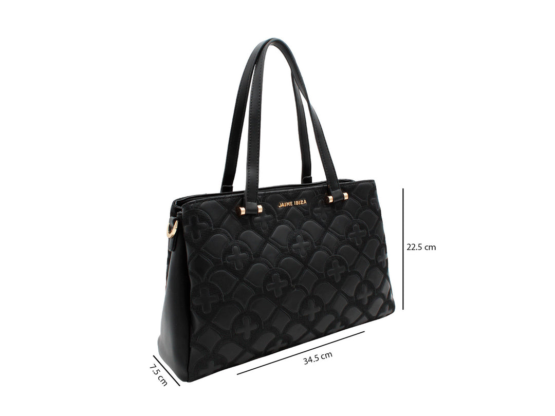 Bolso de hombro negro Jaime Ibiza con textura acolchada en relieve y detalles metálicos dorados.