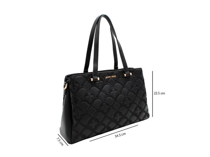 Bolso de hombro negro Jaime Ibiza con textura acolchada en relieve y detalles metálicos dorados.