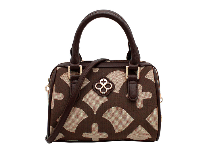 Bolso de mano Jaime Ibiza en color chocolate y beige con estampado jacquard, asas cortas y correa larga ajustable.