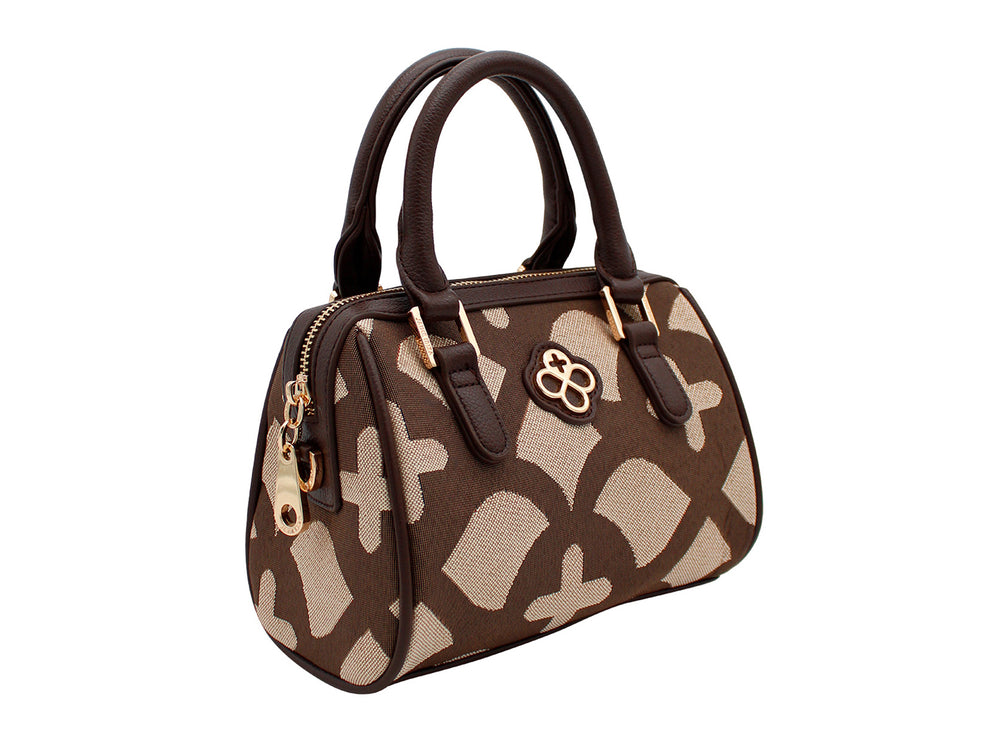 Bolso de mano Jaime Ibiza en color chocolate y beige con estampado jacquard, asas cortas y correa larga ajustable.