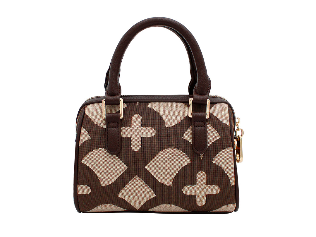 Bolso de mano Jaime Ibiza en color chocolate y beige con estampado jacquard, asas cortas y correa larga ajustable.