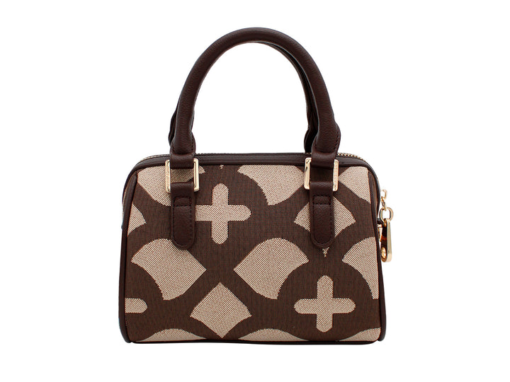 Bolso de mano Jaime Ibiza en color chocolate y beige con estampado jacquard, asas cortas y correa larga ajustable.
