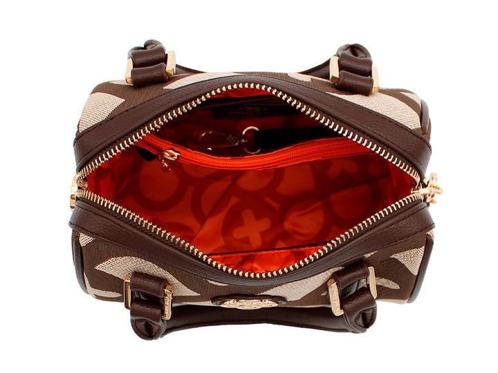 Bolso de mano Jaime Ibiza en color chocolate y beige con estampado jacquard, asas cortas y correa larga ajustable.