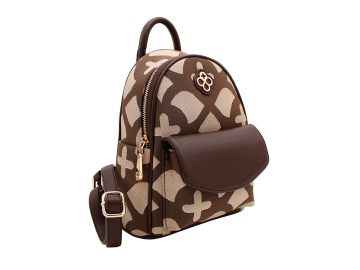 Mochila Jaime Ibiza en color chocolate y beige con estampado jacquard, bolsillo frontal marrón y detalles dorados.