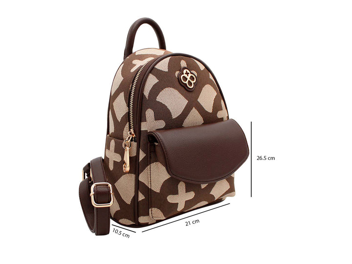 Mochila Jaime Ibiza en color chocolate y beige con estampado jacquard, bolsillo frontal marrón y detalles dorados.