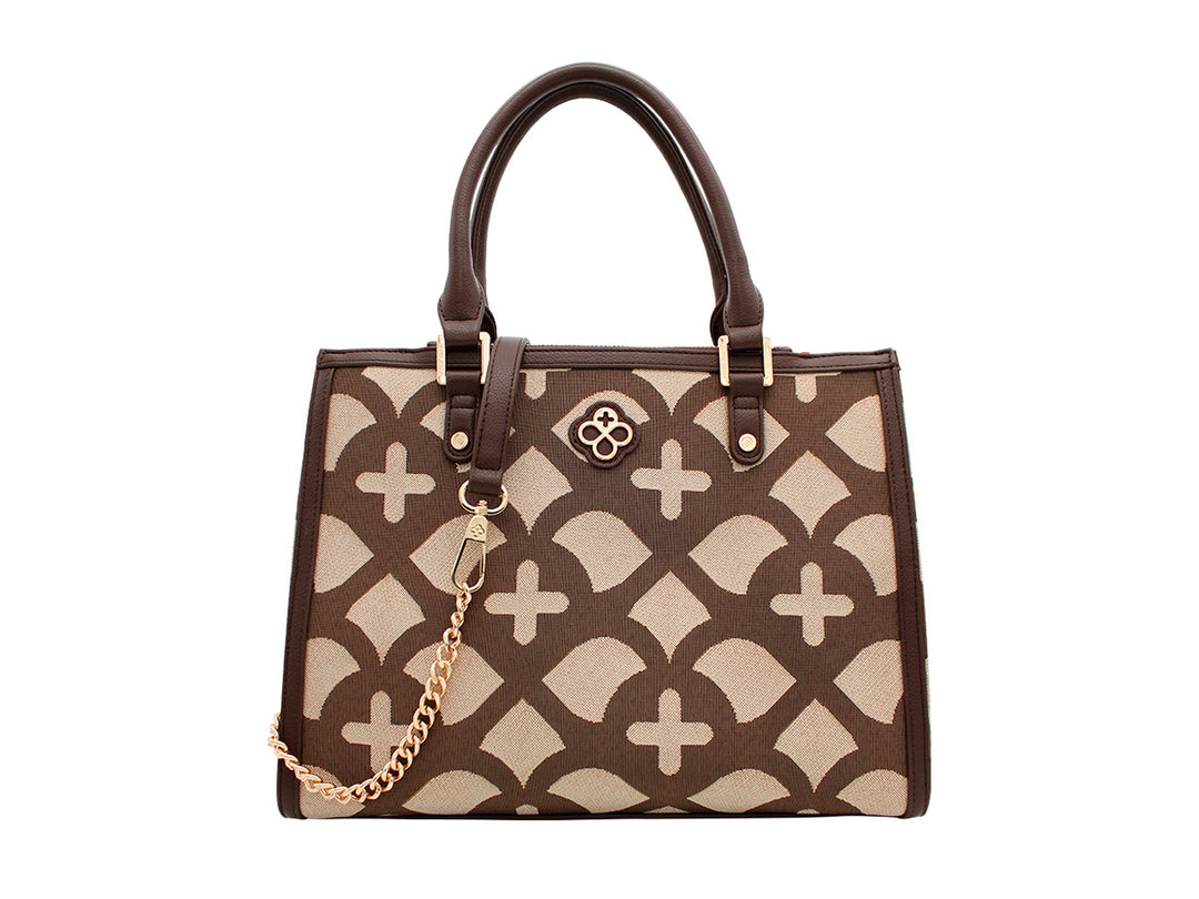 Bolso Jaime Ibiza en color chocolate y beige con estampado jacquard, asas cortas y detalle de cadena dorada.
