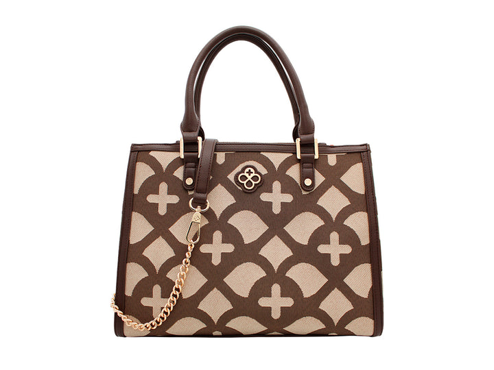 Bolso Jaime Ibiza en color chocolate y beige con estampado jacquard, asas cortas y detalle de cadena dorada.