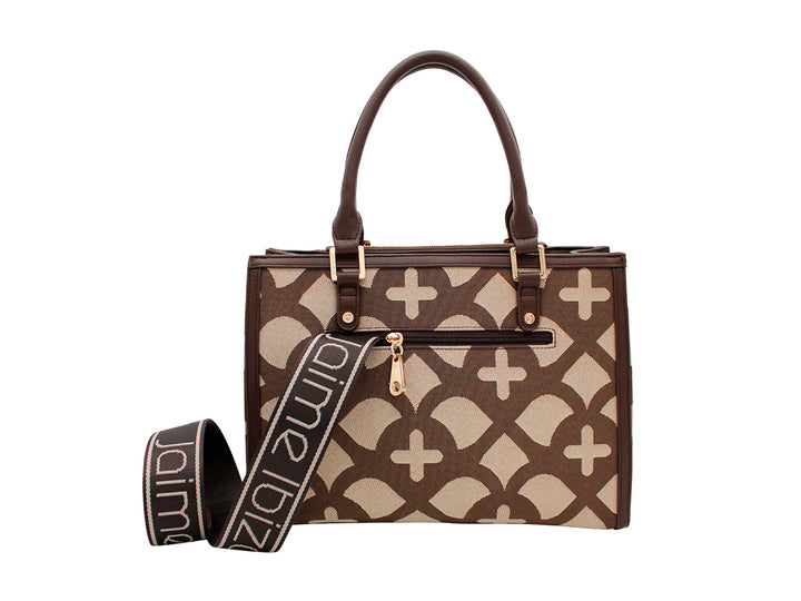 Bolso Jaime Ibiza en color chocolate y beige con estampado jacquard, asas cortas y detalle de cadena dorada.