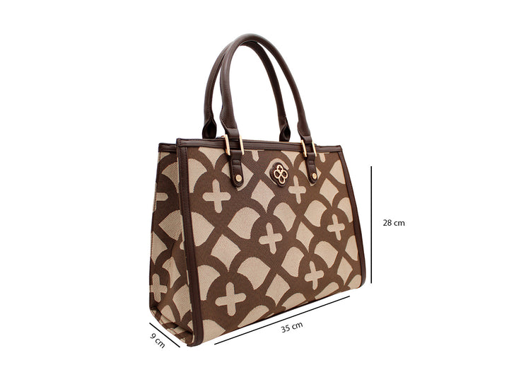 Bolso Jaime Ibiza en color chocolate y beige con estampado jacquard, asas cortas y detalle de cadena dorada.