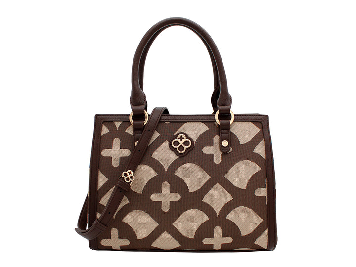 Bolso Jaime Ibiza en color chocolate y beige con estampado jacquard, asas cortas y correa larga ajustable.