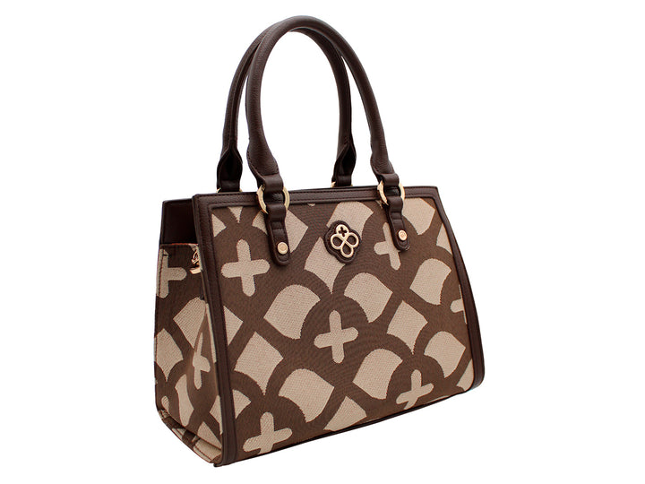 Bolso Jaime Ibiza en color chocolate y beige con estampado jacquard, asas cortas y correa larga ajustable.