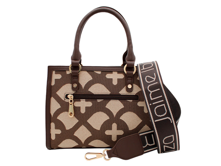 Bolso Jaime Ibiza en color chocolate y beige con estampado jacquard, asas cortas y correa larga ajustable.