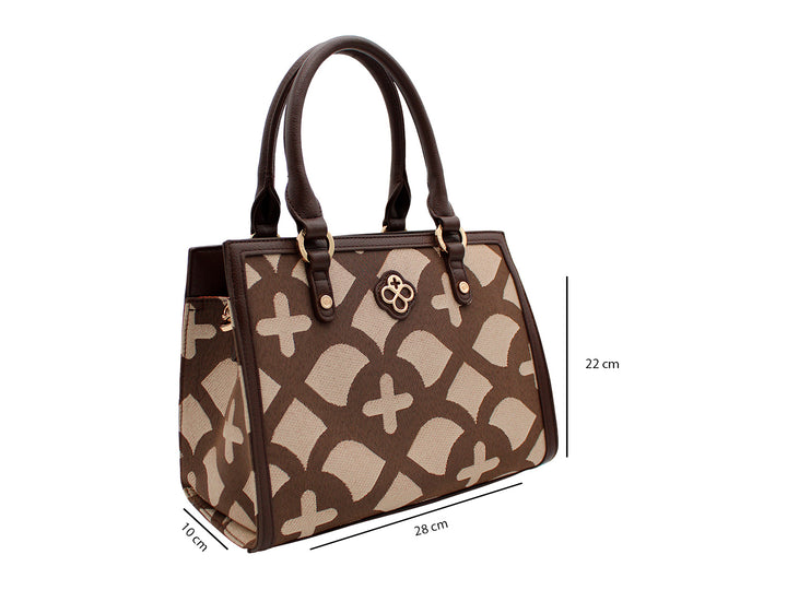 Bolso Jaime Ibiza en color chocolate y beige con estampado jacquard, asas cortas y correa larga ajustable.