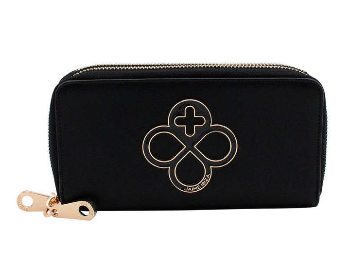 Cartera rectangular negra con logotipo dorado y cierre metálico de la marca Jaime Ibiza.