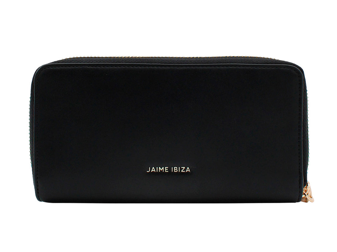 Cartera rectangular negra con logotipo dorado y cierre metálico de la marca Jaime Ibiza.
