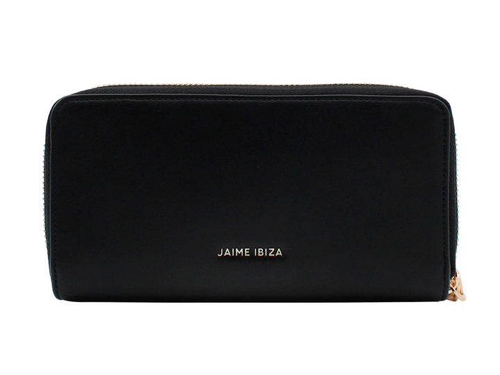 Cartera rectangular negra con logotipo dorado y cierre metálico de la marca Jaime Ibiza.