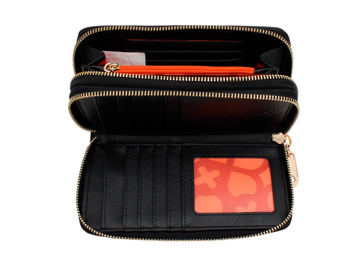 Cartera rectangular negra con logotipo dorado y cierre metálico de la marca Jaime Ibiza.