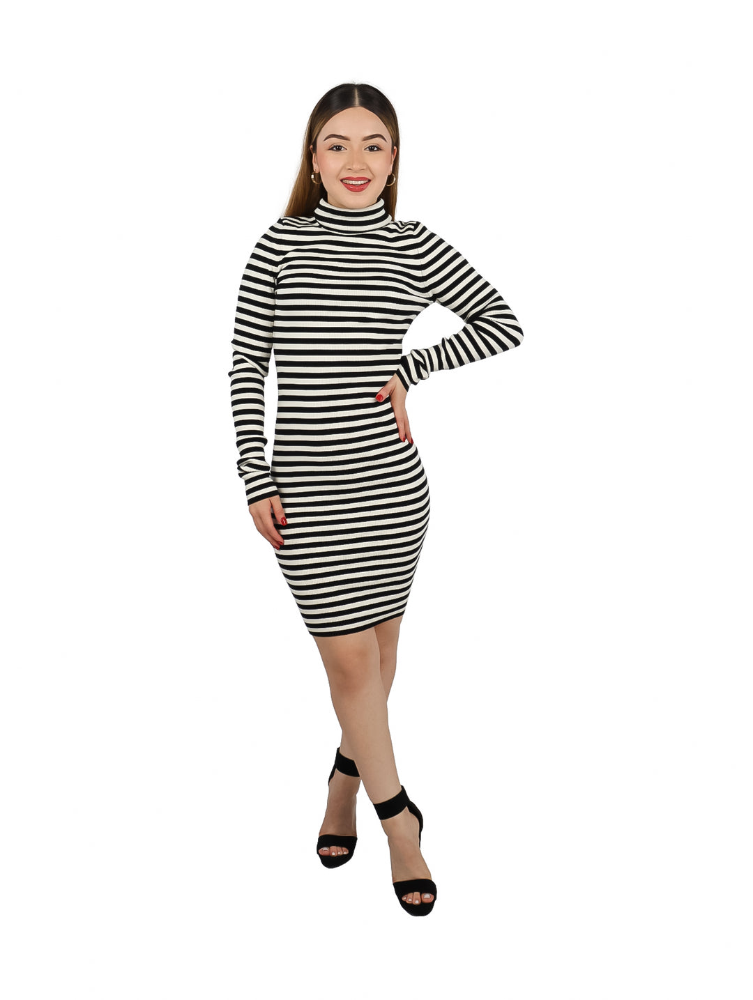 Vestido corto ajustado de rayas horizontales ivory y negro con cuello alto y manga larga.