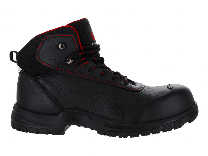 Bota Swissbrand modelo Gladiator en color negro con detalles de costuras rojas y suela resistente.