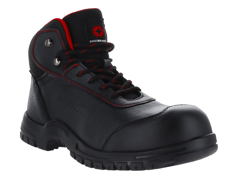 Bota Swissbrand modelo Gladiator en color negro con detalles de costuras rojas y suela resistente.