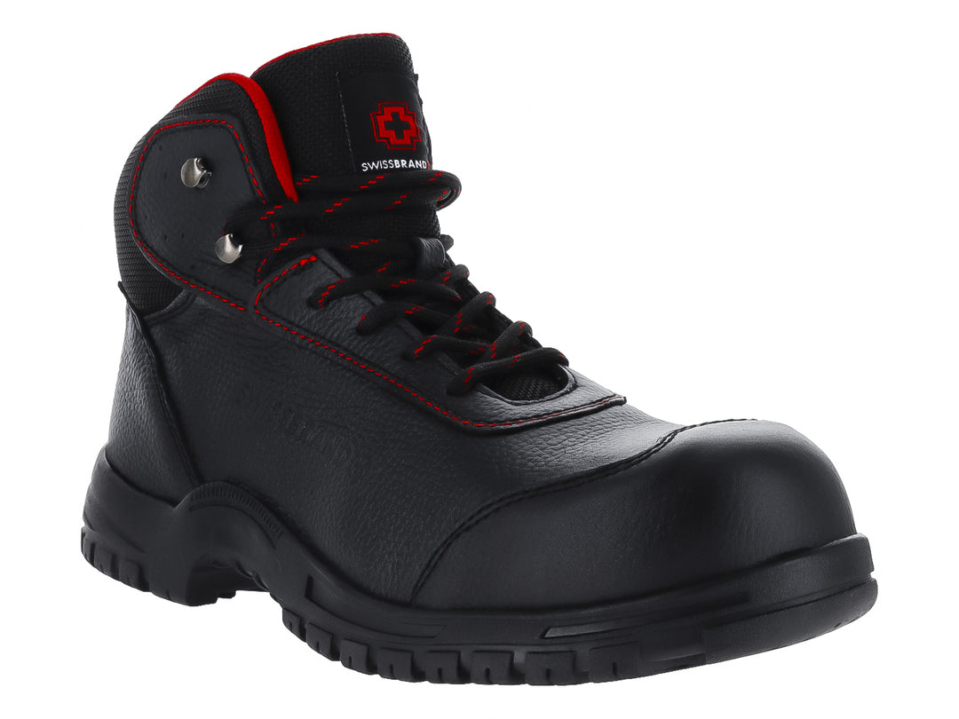 Bota Swissbrand modelo Gladiator en color negro con detalles de costuras rojas y suela resistente.