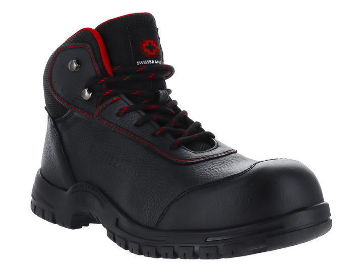 Bota Swissbrand modelo Gladiator en color negro con detalles de costuras rojas y suela resistente.