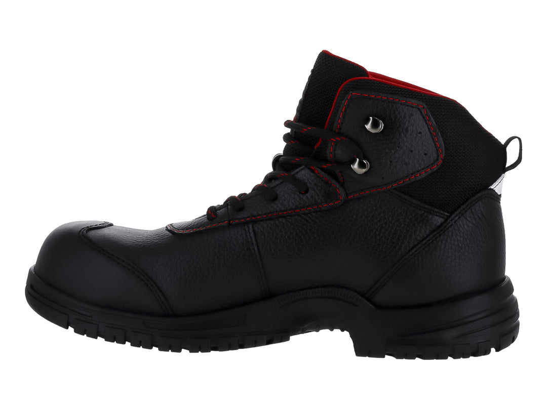 Bota Swissbrand modelo Gladiator en color negro con detalles de costuras rojas y suela resistente.
