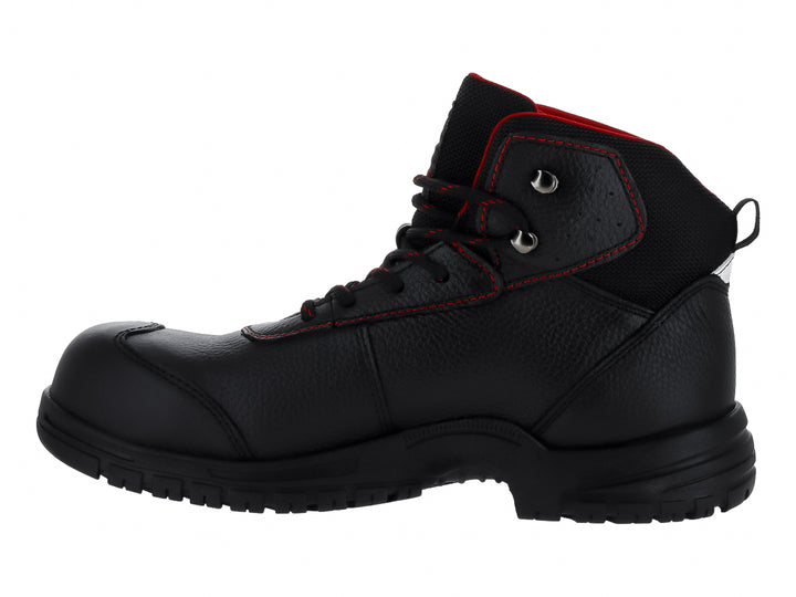 Bota Swissbrand modelo Gladiator en color negro con detalles de costuras rojas y suela resistente.