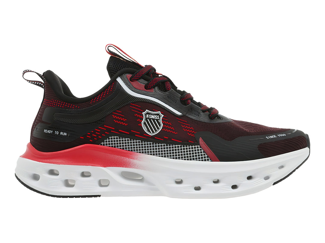 Tenis deportivos K-Swiss Atreux en colores negro y rojo con suela blanca robusta.