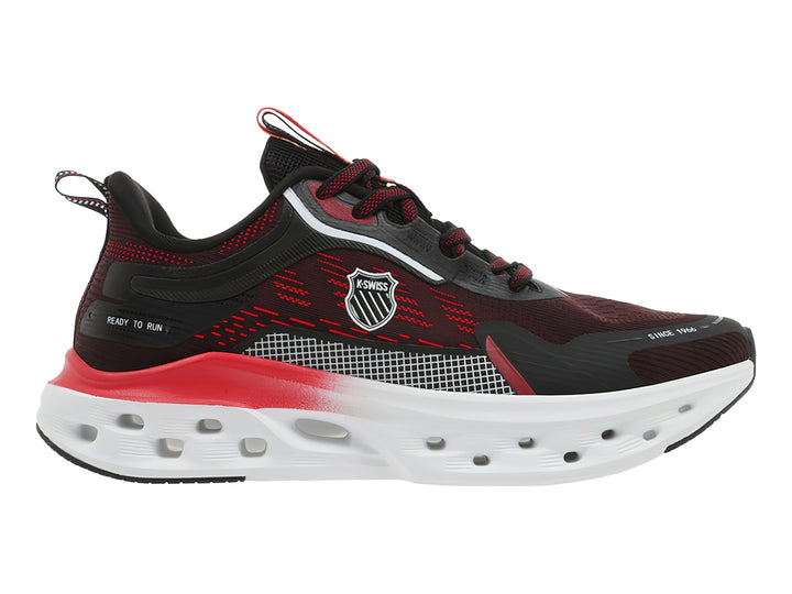 Tenis deportivos K-Swiss Atreux en colores negro y rojo con suela blanca robusta.