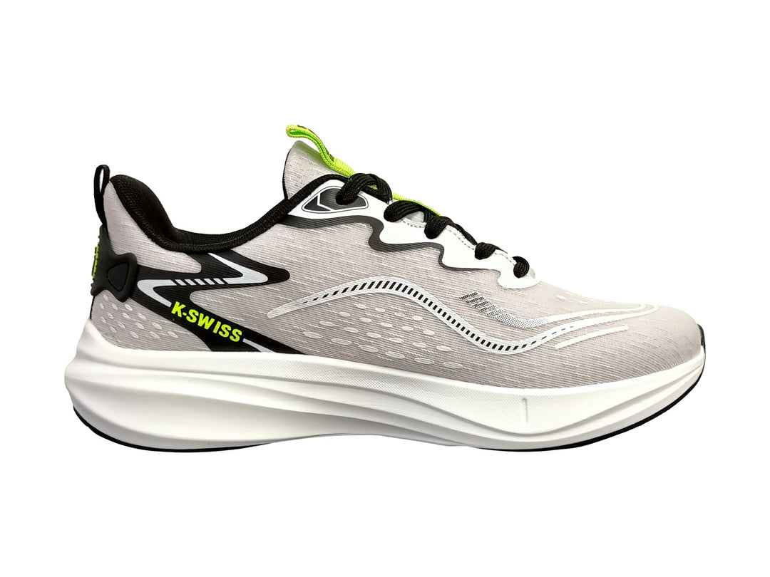 Tenis deportivos K-Swiss color gris con detalles en negro y verde lima y suela blanca.