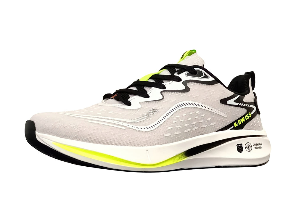 Tenis deportivos K-Swiss color gris con detalles en negro y verde lima y suela blanca.