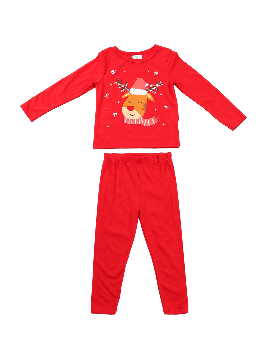 Conjunto de ropa para bebé color rojo con estampado de reno navideño, incluye playera de manga larga y pantalón.