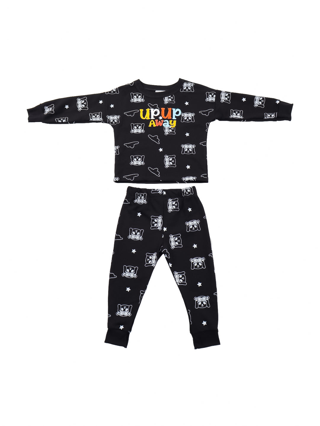 Conjunto de ropa para bebé color negro con estampado de osos blancos y texto colorido.