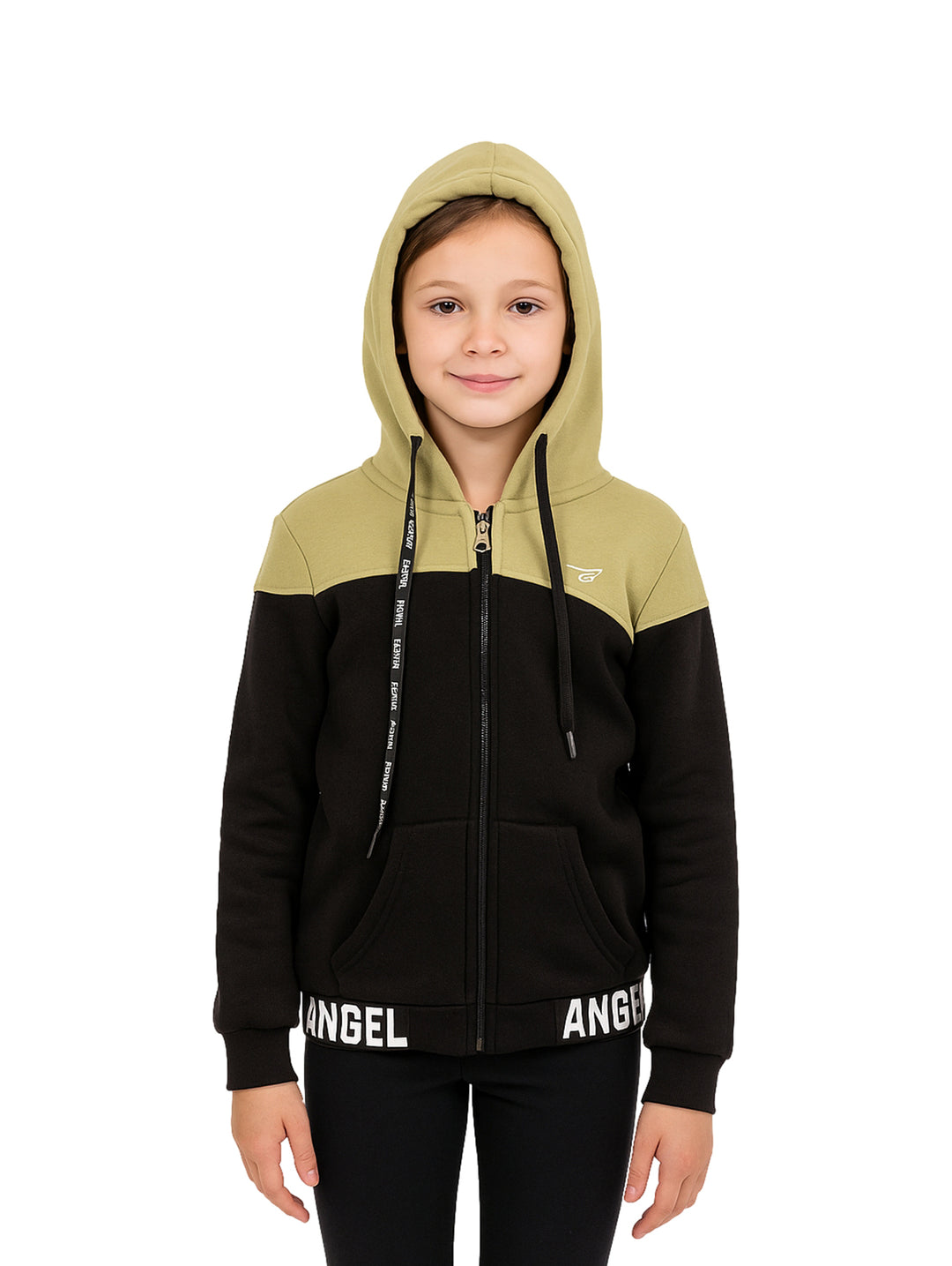 Conjunto para niña compuesto por sudadera con capucha en colores olivo y negro y leggings negros.