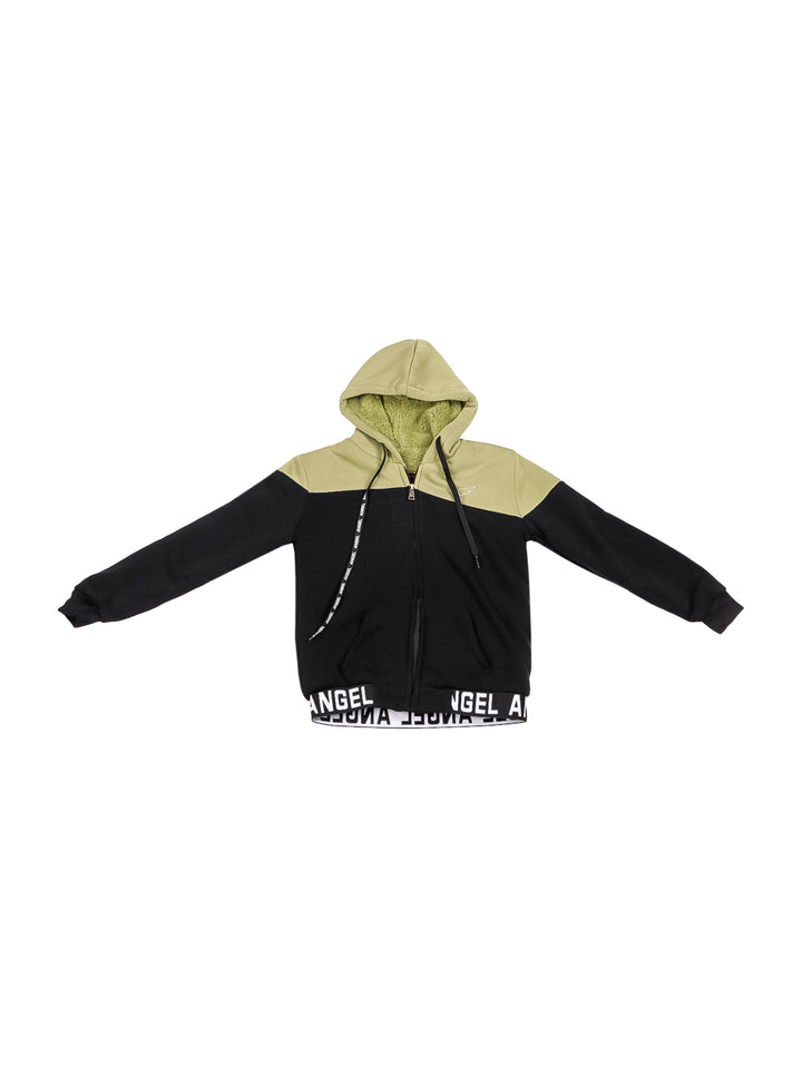 Conjunto para niña compuesto por sudadera con capucha en colores olivo y negro y leggings negros.