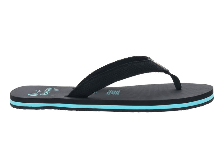 Sandalia negra tipo flip-flop con detalle en color azul claro en la suela.