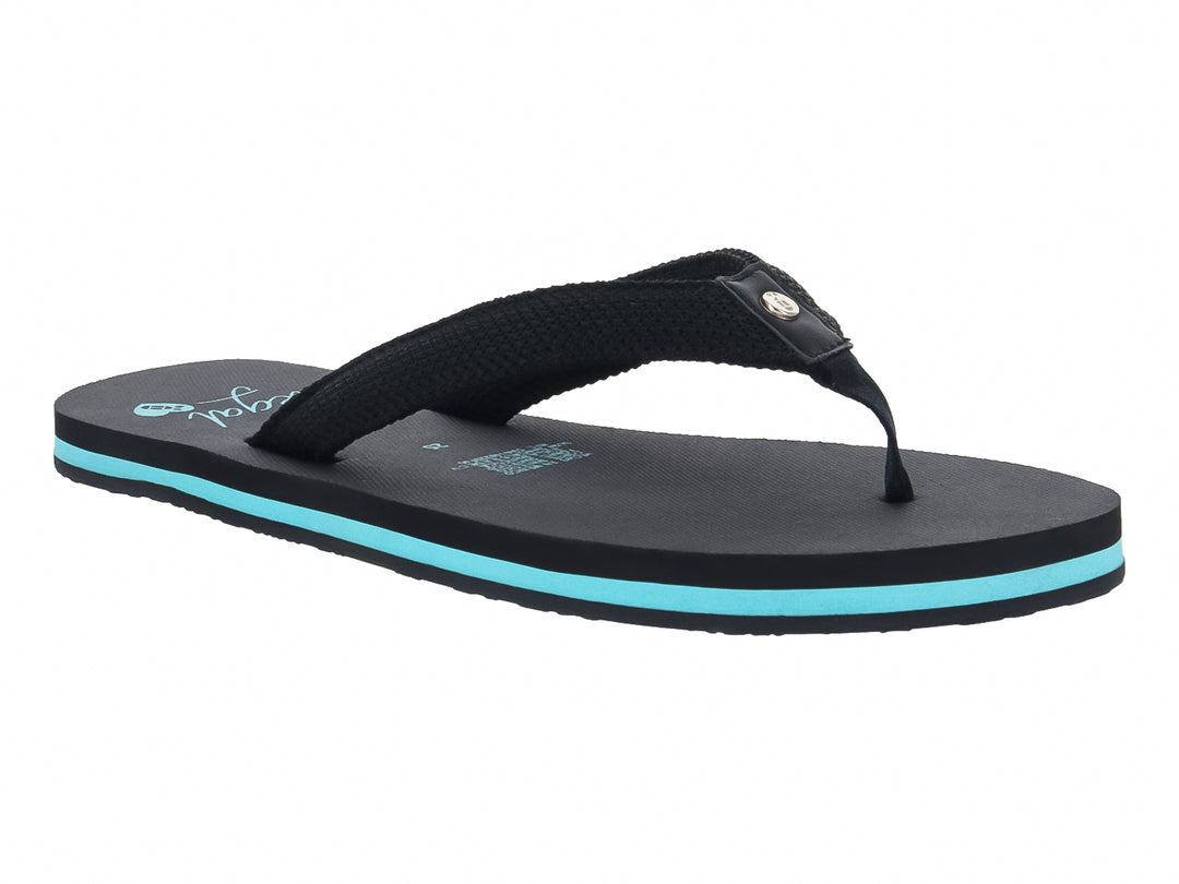 Sandalia negra tipo flip-flop con detalle en color azul claro en la suela.