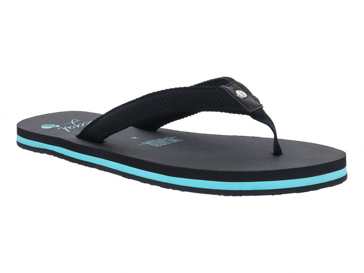 Sandalia negra tipo flip-flop con detalle en color azul claro en la suela.