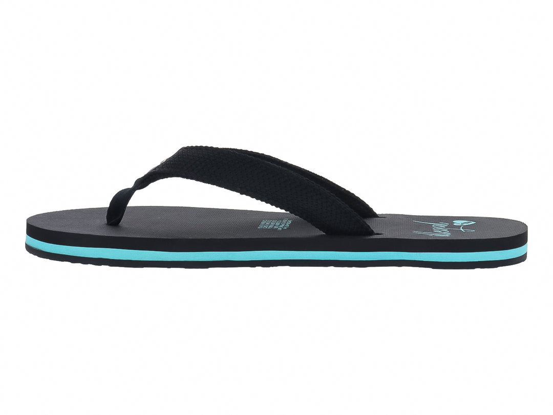 Sandalia negra tipo flip-flop con detalle en color azul claro en la suela.