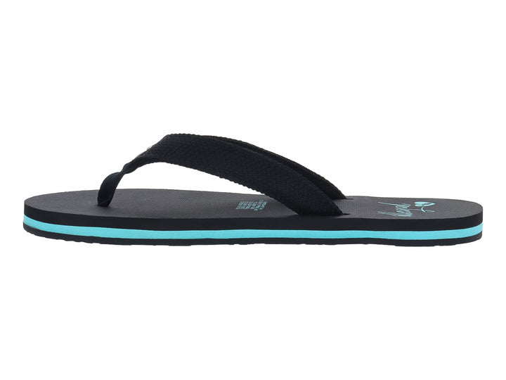 Sandalia negra tipo flip-flop con detalle en color azul claro en la suela.