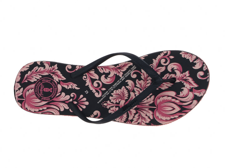 Sandalias negras con estampado floral rosa y suela roja de la marca Illegal.