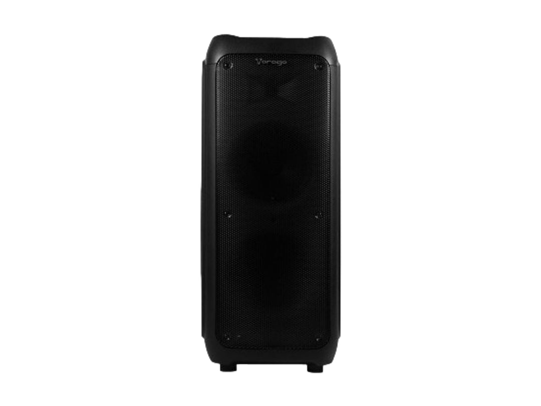 Bocina Bluetooth Vorago KSP-60 de color negro con diseño de torre y rejilla frontal protectora.