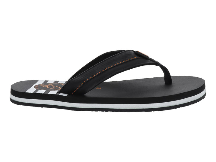 Sandalias negras tipo flip-flop con una franja blanca en la suela y costuras naranjas.