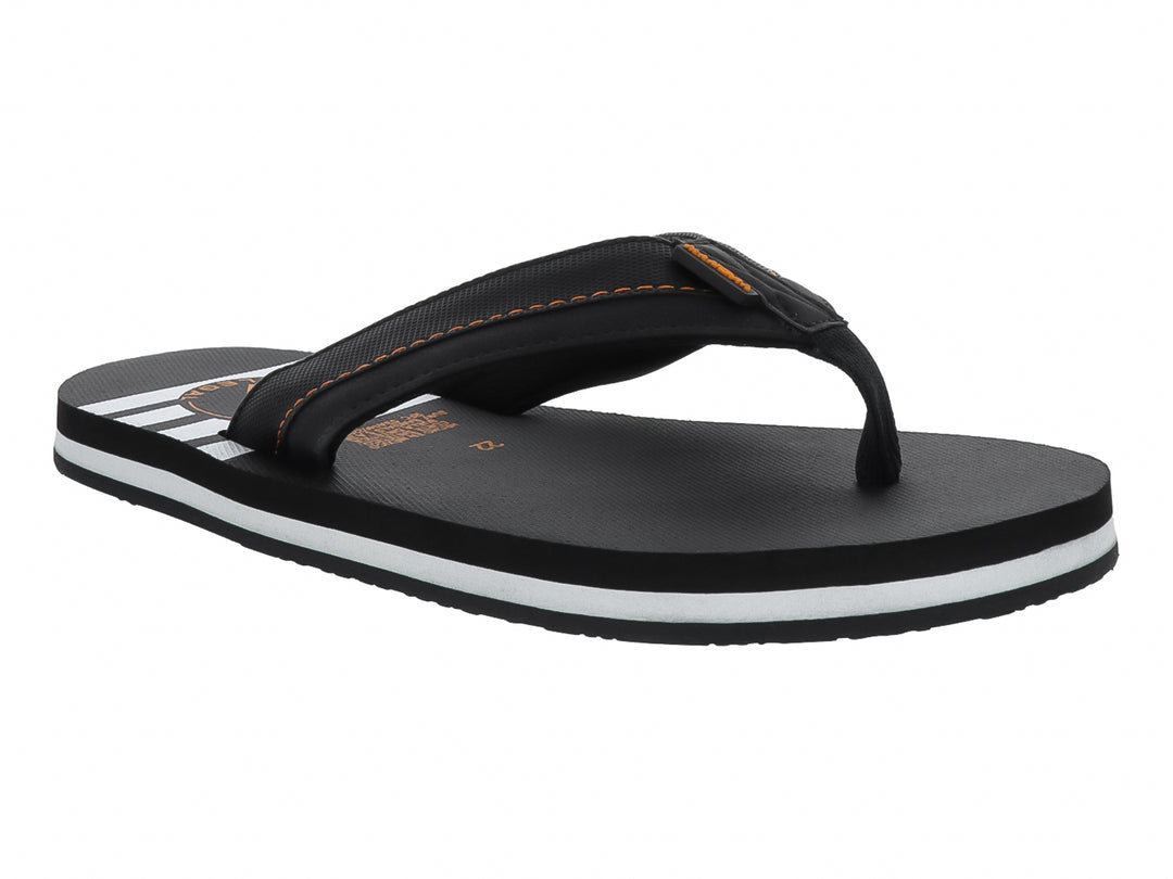 Sandalias negras tipo flip-flop con una franja blanca en la suela y costuras naranjas.