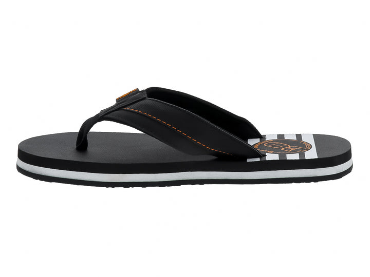 Sandalias negras tipo flip-flop con una franja blanca en la suela y costuras naranjas.