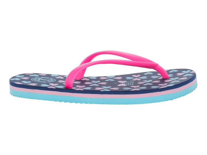 Sandalias infantiles tipo flip-flop en colores fucsia, azul marino y azul cielo con estampado en la plantilla.