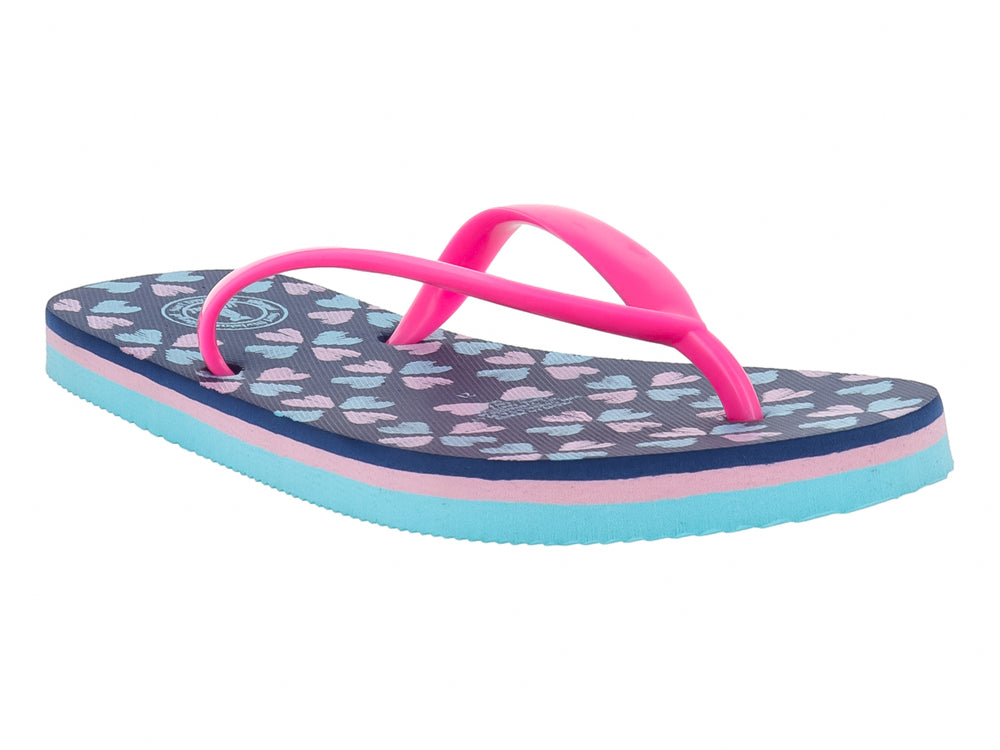 Sandalias infantiles tipo flip-flop en colores fucsia, azul marino y azul cielo con estampado en la plantilla.